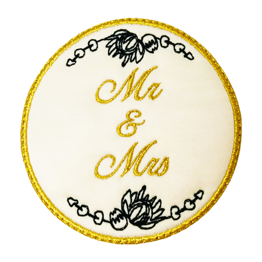 Circular patch with 'Mr & Mrs' machine embroidered in gold sweet pea design