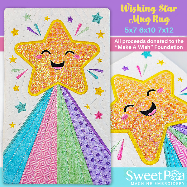 Wishing Star Mug Rug 5x7 6x10 7x12 - Sweet Pea In The Hoop Machine Embroidery Design