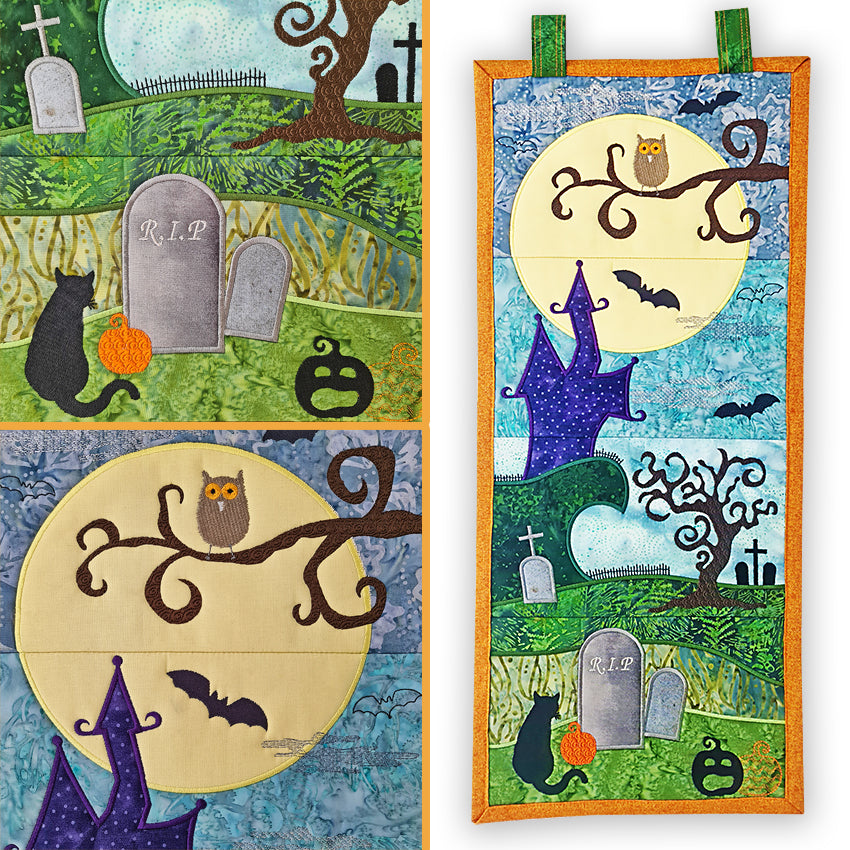 Halloween Scene Hanger or Runner 5x7 6x10 8x12 - Sweet Pea Australia In the hoop machine embroidery designs. in the hoop project, in the hoop embroidery designs, craft in the hoop project, diy in the hoop project, diy craft in the hoop project, in the hoop embroidery patterns, design in the hoop patterns, embroidery designs for in the hoop embroidery projects, best in the hoop machine embroidery designs perfect for all hoops and embroidery machines