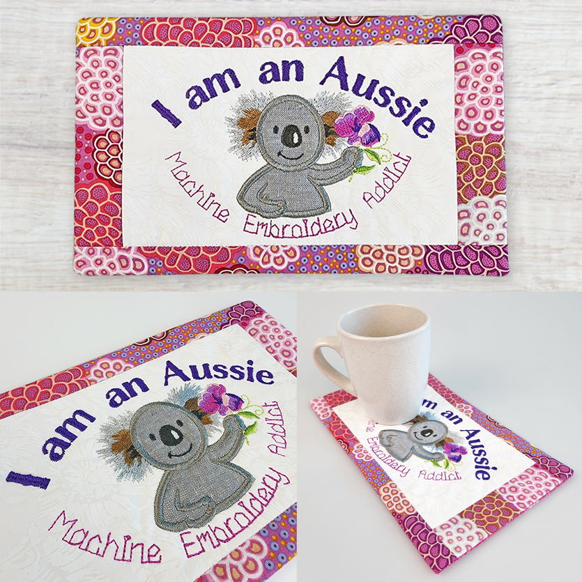 Aussie Koala Mug Rug 5x7 6x10 7x12 In the hoop machine embroidery designs