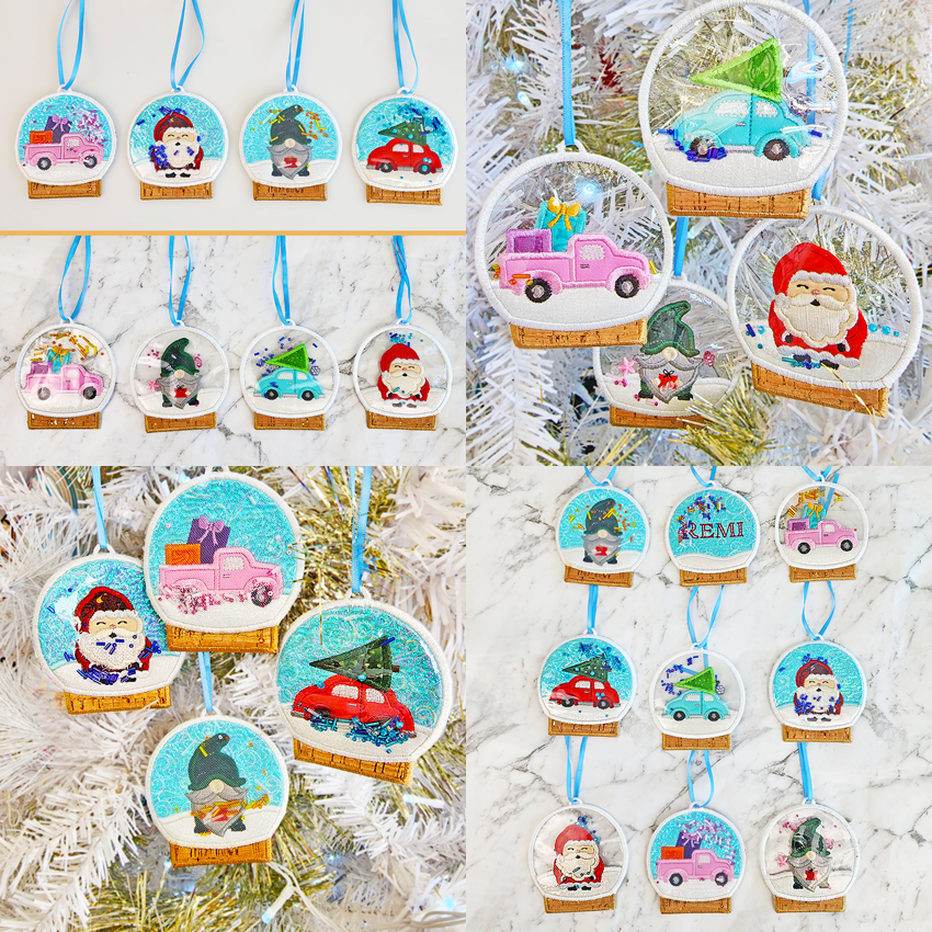 Snow Globe Ornaments Set Two 4x4 In the hoop machine embroidery designs