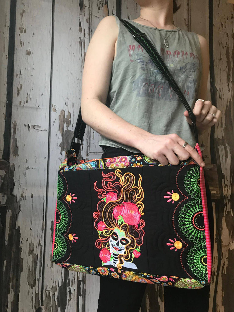 Day of the Dead laptop bag in the hoop machine embroidery design ITH