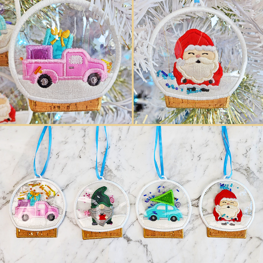 Snow Globe Ornaments Set Two 4x4 In the hoop machine embroidery designs