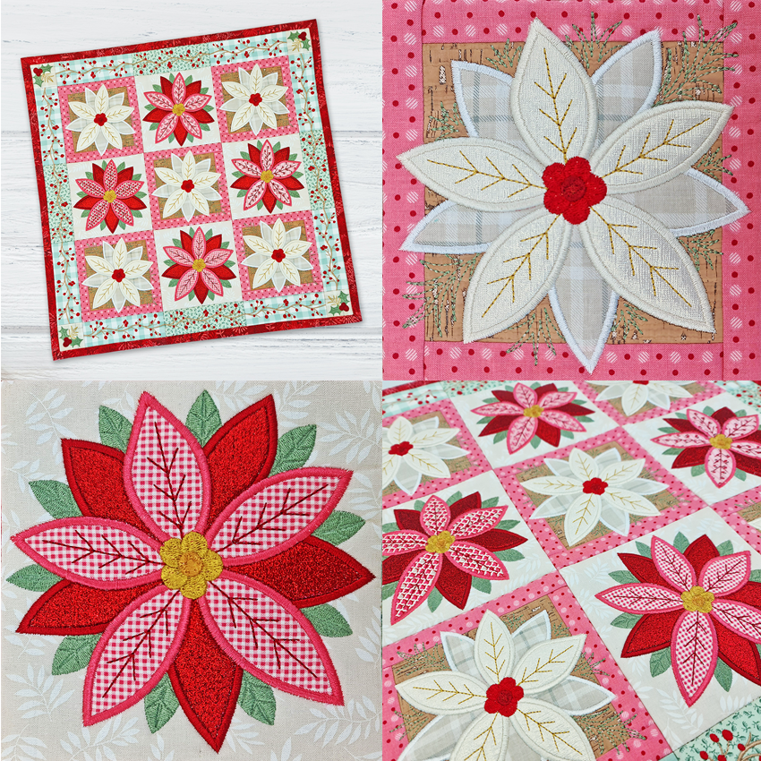 Poinsettia Blocks/Quilt 4x4 5x5 6x6 7x7 - Sweet Pea Australia In the hoop machine embroidery designs. in the hoop project, in the hoop embroidery designs, craft in the hoop project, diy in the hoop project, diy craft in the hoop project, in the hoop embroidery patterns, design in the hoop patterns, embroidery designs for in the hoop embroidery projects, best in the hoop machine embroidery designs perfect for all hoops and embroidery machines