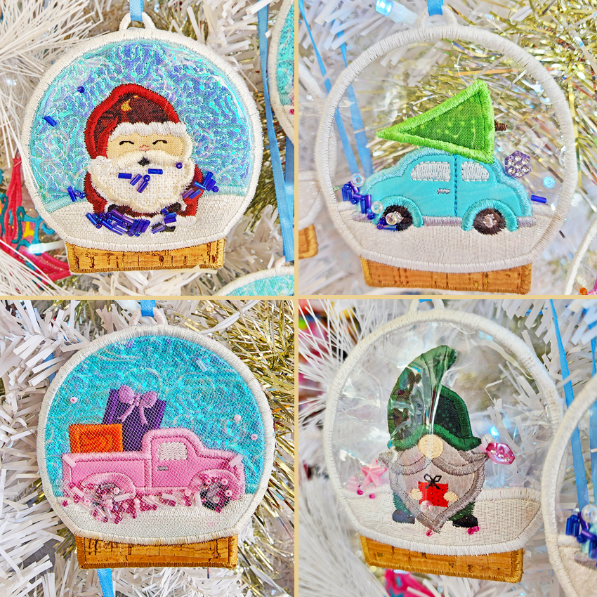 Snow Globe Ornaments Set Two 4x4 In the hoop machine embroidery designs