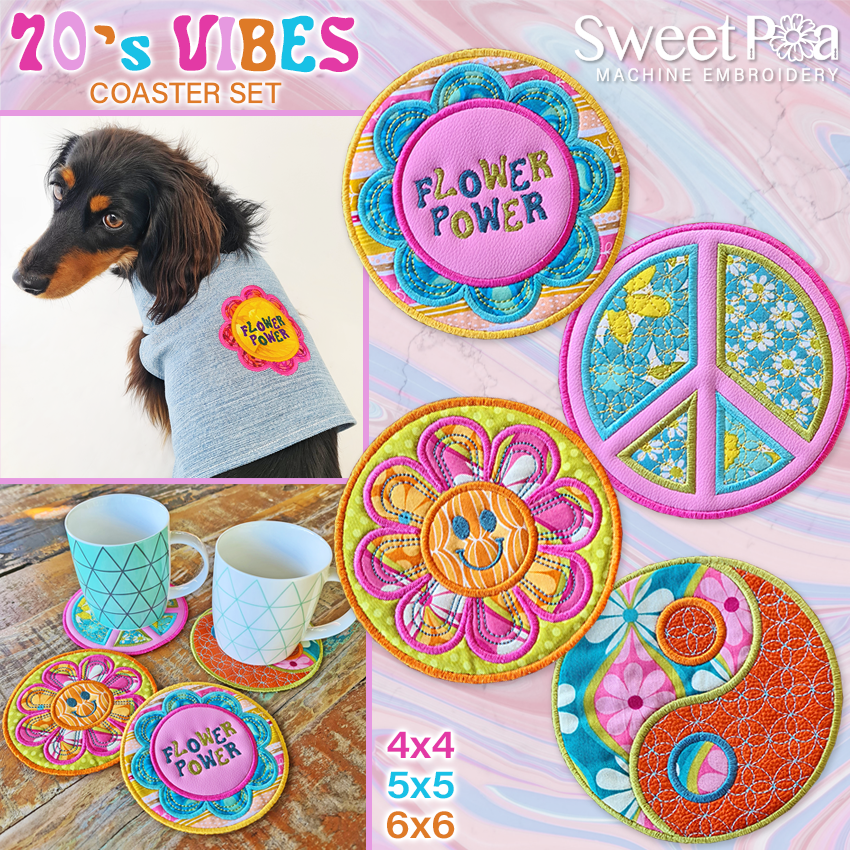 70's Vibes Coaster Set 4x4 5x5 6x6 - Sweet Pea Australia In the hoop machine embroidery designs. in the hoop project, in the hoop embroidery designs, craft in the hoop project, diy in the hoop project, diy craft in the hoop project, in the hoop embroidery patterns, design in the hoop patterns, embroidery designs for in the hoop embroidery projects, best in the hoop machine embroidery designs perfect for all hoops and embroidery machines