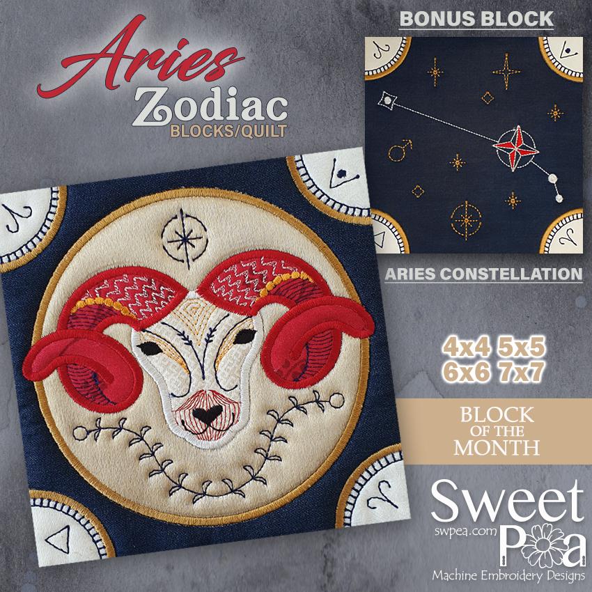 BOM Zodiac Quilt Block 1 - Aries - Sweet Pea Australia In the hoop machine embroidery designs. in the hoop project, in the hoop embroidery designs, craft in the hoop project, diy in the hoop project, diy craft in the hoop project, in the hoop embroidery patterns, design in the hoop patterns, embroidery designs for in the hoop embroidery projects, best in the hoop machine embroidery designs perfect for all hoops and embroidery machines