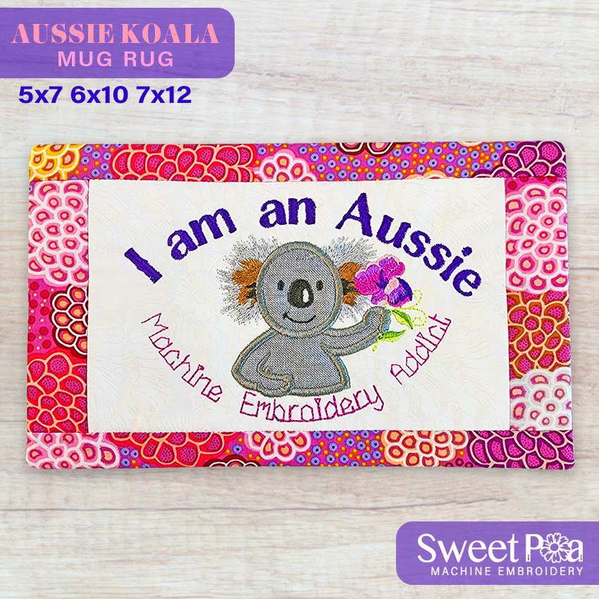 Aussie Koala Mug Rug 5x7 6x10 7x12 In the hoop machine embroidery designs