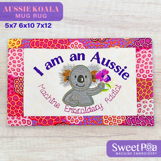Aussie Koala Mug Rug 5x7 6x10 7x12 - Sweet Pea In The Hoop Machine Embroidery Design hoop machine embroidery designs, embroidery patterns, embroidery set, embroidery appliqué, hoop embroidery designs, small hoop designs, the best in the hoop machine embroidery designs, the best in the hoop sewing and embroidery designs