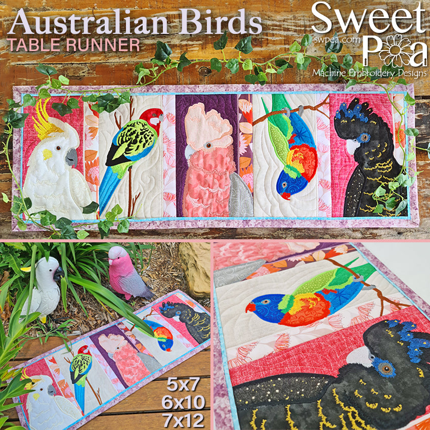 Australian Birds Table Runner 5x7 6x10 7x12 - Sweet Pea Australia In the hoop machine embroidery designs. in the hoop project, in the hoop embroidery designs, craft in the hoop project, diy in the hoop project, diy craft in the hoop project, in the hoop embroidery patterns, design in the hoop patterns, embroidery designs for in the hoop embroidery projects, best in the hoop machine embroidery designs perfect for all hoops and embroidery machines