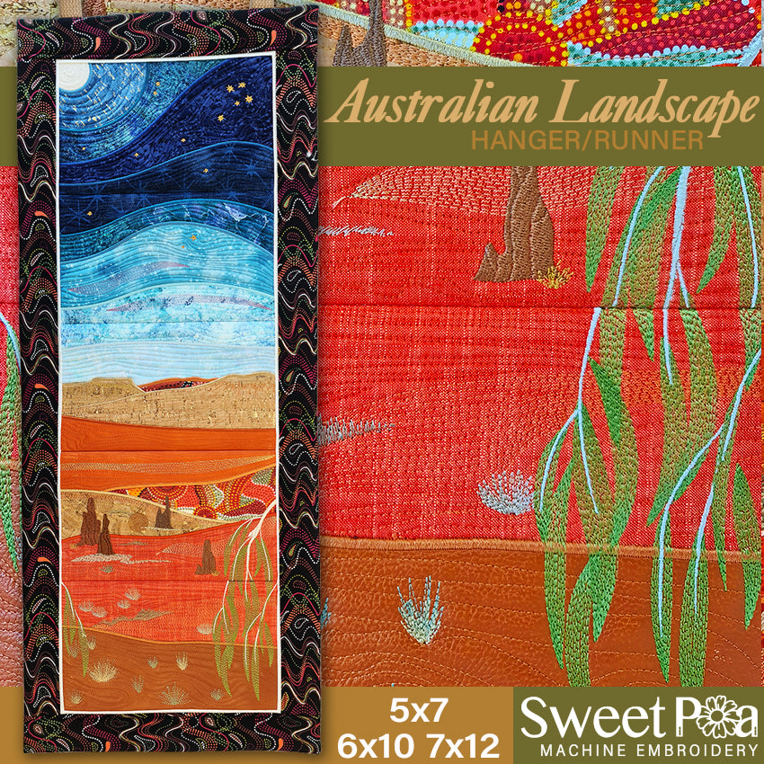 Australian Landscape Hanger/Runner 5x7 6x10 7x12 - Sweet Pea Australia In the hoop machine embroidery designs. in the hoop project, in the hoop embroidery designs, craft in the hoop project, diy in the hoop project, diy craft in the hoop project, in the hoop embroidery patterns, design in the hoop patterns, embroidery designs for in the hoop embroidery projects, best in the hoop machine embroidery designs perfect for all hoops and embroidery machines