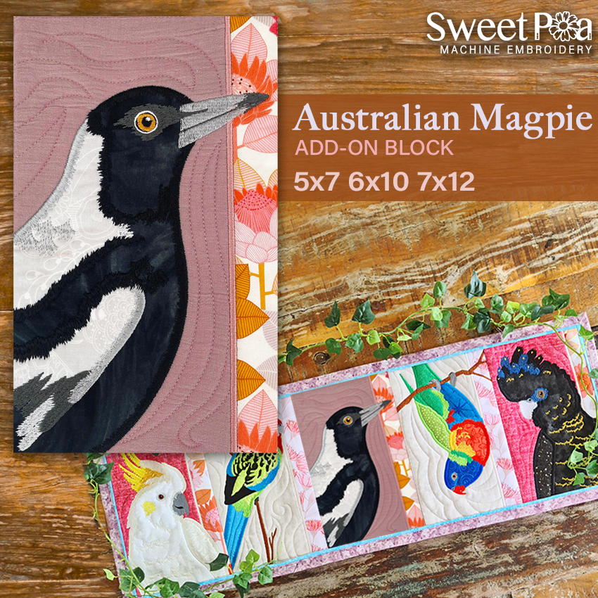 Australian Magpie Add-on Block 5x7 6x10 7x12 - Sweet Pea Australia In the hoop machine embroidery designs. in the hoop project, in the hoop embroidery designs, craft in the hoop project, diy in the hoop project, diy craft in the hoop project, in the hoop embroidery patterns, design in the hoop patterns, embroidery designs for in the hoop embroidery projects, best in the hoop machine embroidery designs perfect for all hoops and embroidery machines