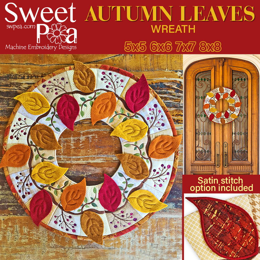 Autumn Leaves Wreath 5x5 6x6 7x7 8x8 - Sweet Pea Australia In the hoop machine embroidery designs. in the hoop project, in the hoop embroidery designs, craft in the hoop project, diy in the hoop project, diy craft in the hoop project, in the hoop embroidery patterns, design in the hoop patterns, embroidery designs for in the hoop embroidery projects, best in the hoop machine embroidery designs perfect for all hoops and embroidery machines