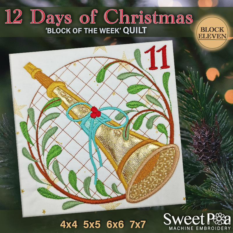 BOW Twelve Days of Christmas Quilt Block 11 - Sweet Pea In The Hoop Machine Embroidery Design