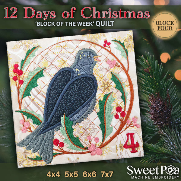 BOW Twelve Days of Christmas Quilt Block 4 - Sweet Pea In The Hoop Machine Embroidery Design