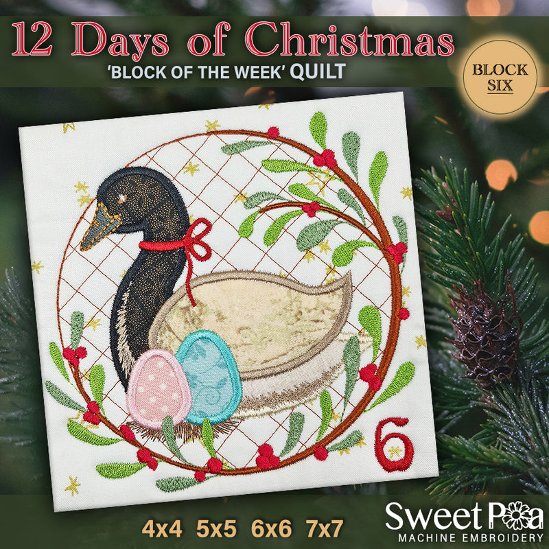 BOW Twelve Days of Christmas Quilt Block 6 - Sweet Pea In The Hoop Machine Embroidery Design