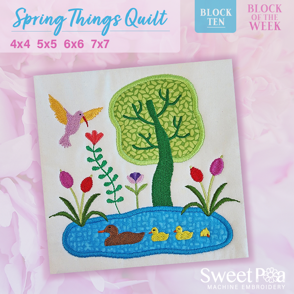BOW Spring Things Quilt - Block 10 - Sweet Pea In The Hoop Machine Embroidery Design hoop machine embroidery designs, embroidery patterns, embroidery set, embroidery appliqué, hoop embroidery designs, small hoop designs, the best in the hoop machine embroidery designs, the best in the hoop sewing and embroidery designs