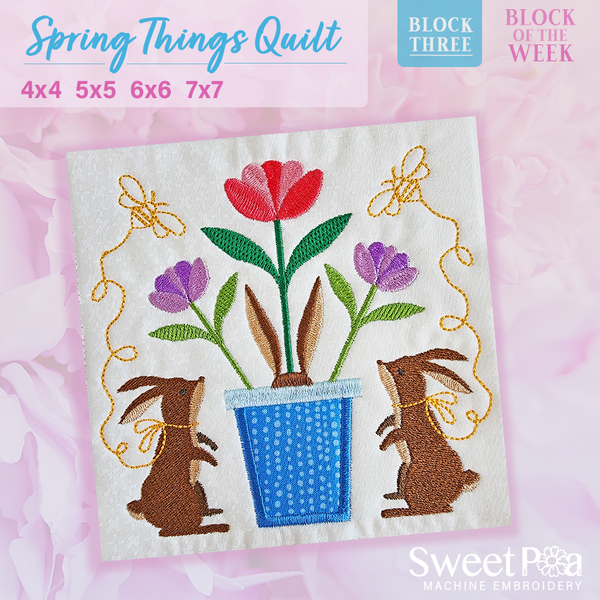 BOW Spring Things Quilt - Block 3 - Sweet Pea In The Hoop Machine Embroidery Design hoop machine embroidery designs, embroidery patterns, embroidery set, embroidery appliqué, hoop embroidery designs, small hoop designs, the best in the hoop machine embroidery designs, the best in the hoop sewing and embroidery designs
