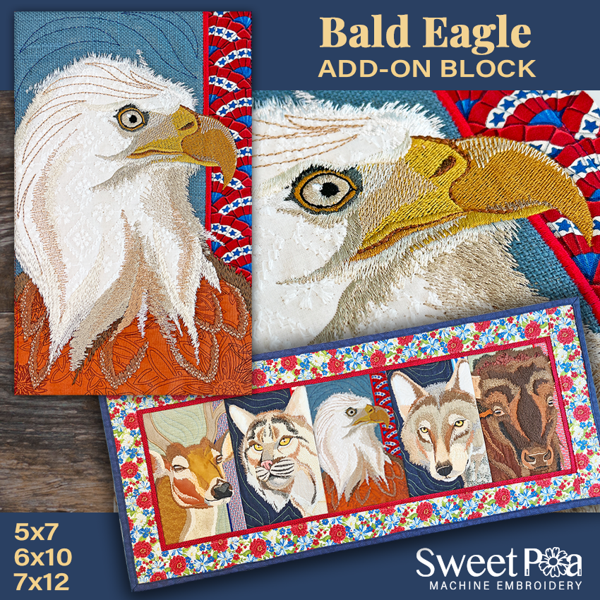 Bald Eagle Add-on Block 5x7 6x10 7x12 - Sweet Pea Australia In the hoop machine embroidery designs. in the hoop project, in the hoop embroidery designs, craft in the hoop project, diy in the hoop project, diy craft in the hoop project, in the hoop embroidery patterns, design in the hoop patterns, embroidery designs for in the hoop embroidery projects, best in the hoop machine embroidery designs perfect for all hoops and embroidery machines