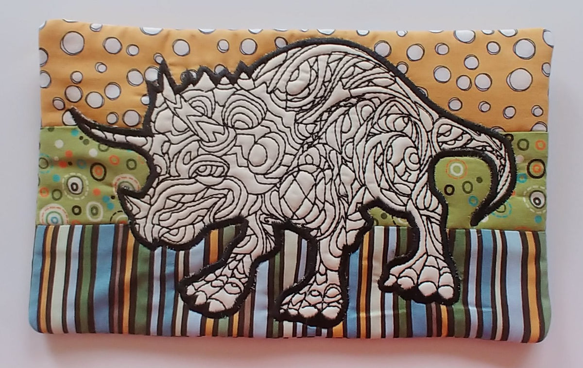 Redwork adult colouring - Dinosaur Zipper Purse machine embroidery