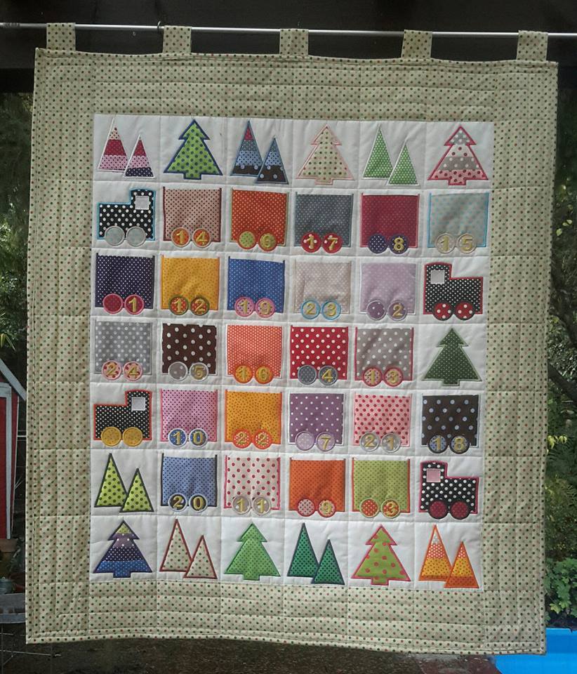 Advent Train Quilt 4x4 5x5 6x6 - Sweet Pea Australia In the hoop machine embroidery designs. in the hoop project, in the hoop embroidery designs, craft in the hoop project, diy in the hoop project, diy craft in the hoop project, in the hoop embroidery patterns, design in the hoop patterns, embroidery designs for in the hoop embroidery projects, best in the hoop machine embroidery designs perfect for all hoops and embroidery machines