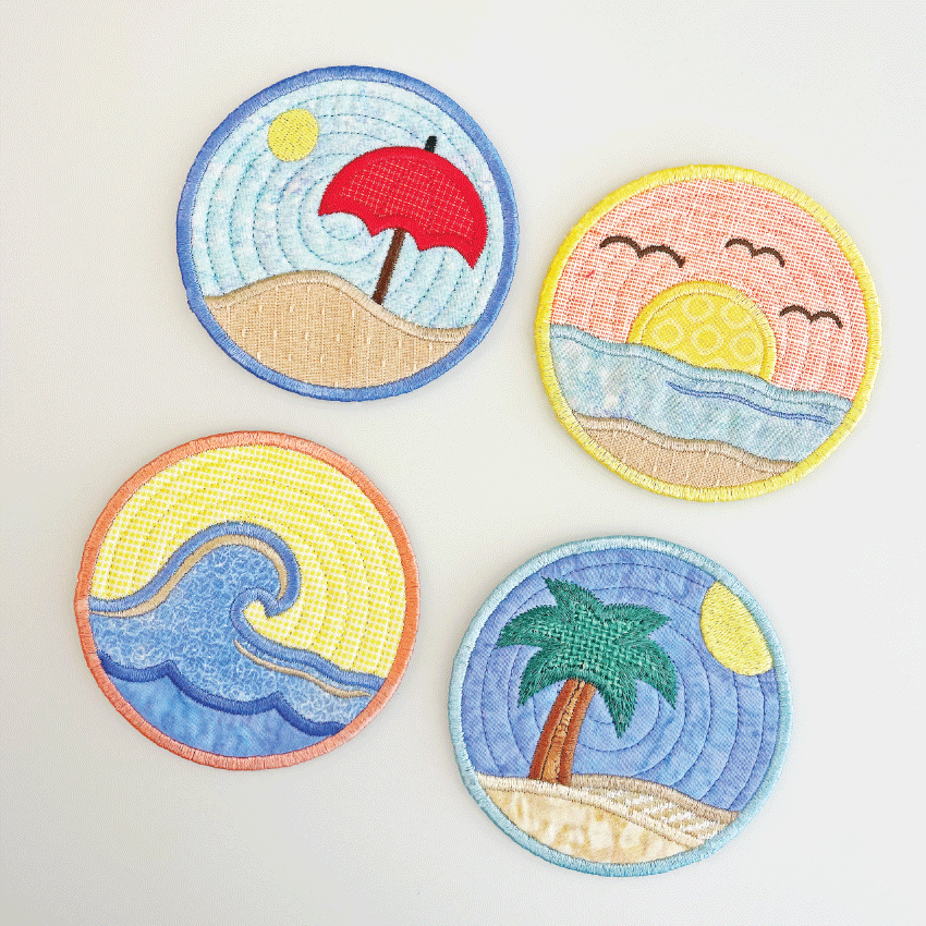 Beach Scene Coasters 4x4 5x5 6x6 - Sweet Pea Australia In the hoop machine embroidery designs. in the hoop project, in the hoop embroidery designs, craft in the hoop project, diy in the hoop project, diy craft in the hoop project, in the hoop embroidery patterns, design in the hoop patterns, embroidery designs for in the hoop embroidery projects, best in the hoop machine embroidery designs perfect for all hoops and embroidery machines