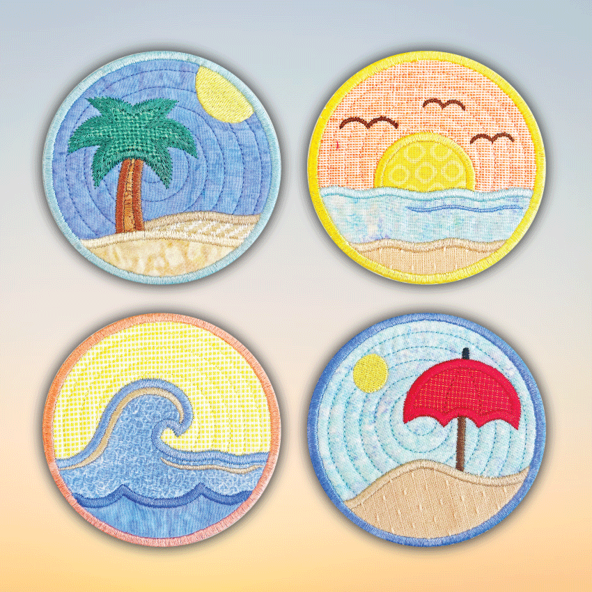 Beach Scene Coasters 4x4 5x5 6x6 - Sweet Pea Australia In the hoop machine embroidery designs. in the hoop project, in the hoop embroidery designs, craft in the hoop project, diy in the hoop project, diy craft in the hoop project, in the hoop embroidery patterns, design in the hoop patterns, embroidery designs for in the hoop embroidery projects, best in the hoop machine embroidery designs perfect for all hoops and embroidery machines