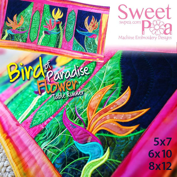 Bird of Paradise Flower table runner in the hoop machine embroidery