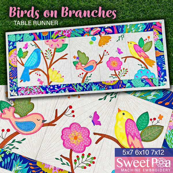 Birds on Branches Table Runner 5x7 6x10 7x12 - Sweet Pea In The Hoop Machine Embroidery Design hoop machine embroidery designs, embroidery patterns, embroidery set, embroidery appliqué, hoop embroidery designs, small hoop designs, the best in the hoop machine embroidery designs, the best in the hoop sewing and embroidery designs