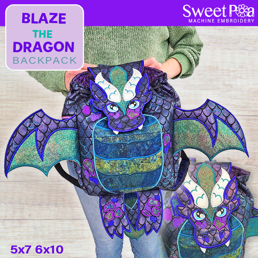 Blaze the Dragon Backpack 5x7 6x10 In the hoop machine embroidery designs