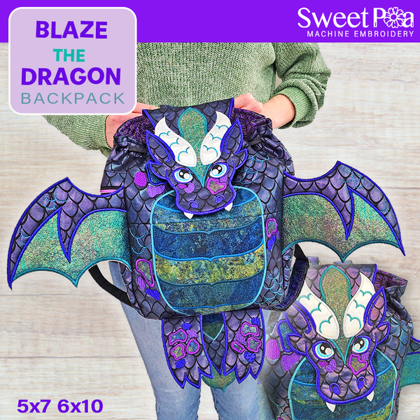 Blaze the Dragon Backpack 5x7 6x10 - Sweet Pea In The Hoop Machine Embroidery Design hoop machine embroidery designs, embroidery patterns, embroidery set, embroidery appliqué, hoop embroidery designs, small hoop designs, the best in the hoop machine embroidery designs, the best in the hoop sewing and embroidery designs