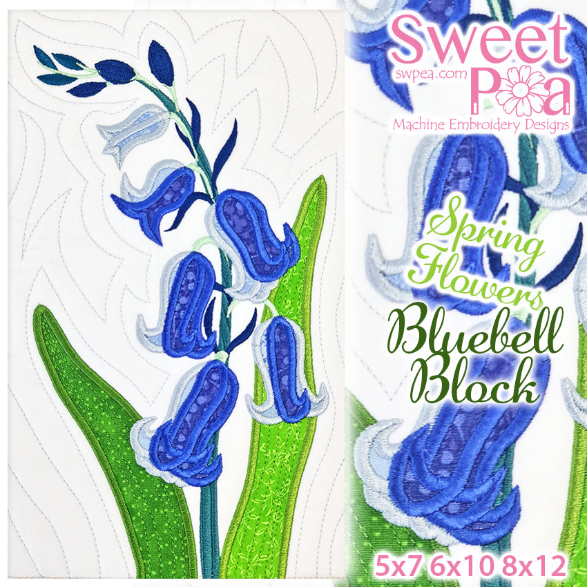 Bluebells Flower Block Add-on 5x7 6x10 8x12 - Sweet Pea Australia In the hoop machine embroidery designs. in the hoop project, in the hoop embroidery designs, craft in the hoop project, diy in the hoop project, diy craft in the hoop project, in the hoop embroidery patterns, design in the hoop patterns, embroidery designs for in the hoop embroidery projects, best in the hoop machine embroidery designs perfect for all hoops and embroidery machines