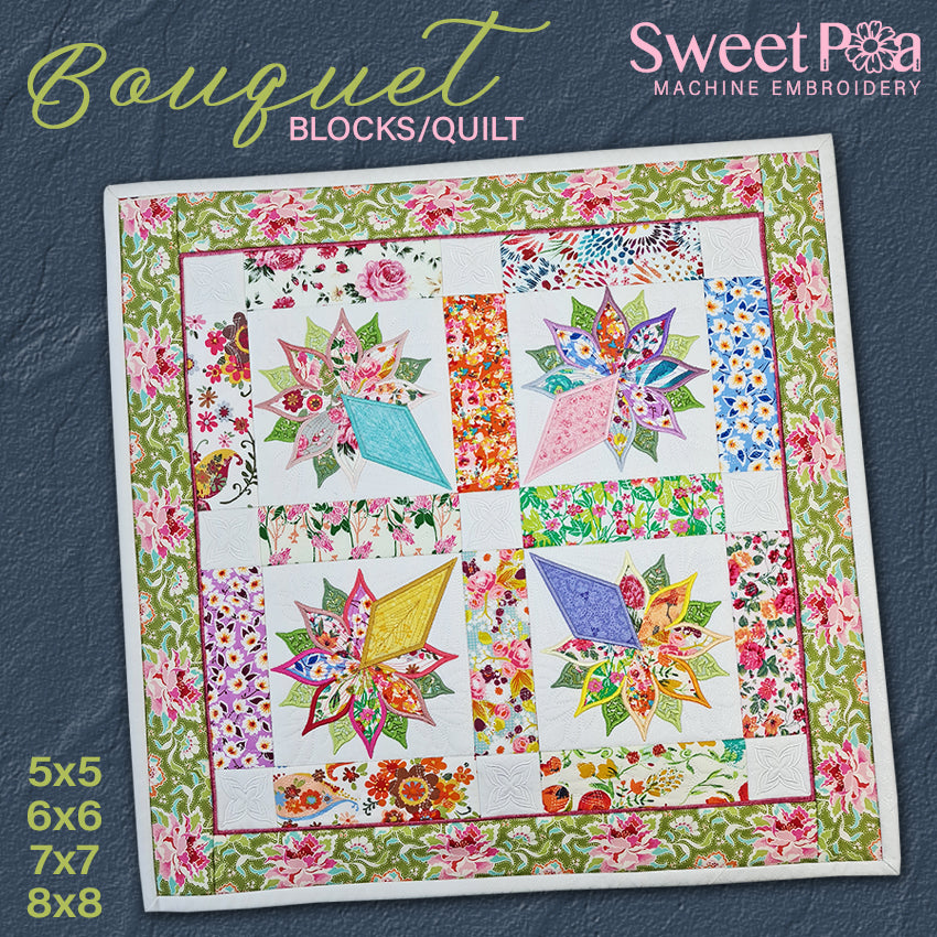 Bouquet Blocks/Quilt 5x5 6x6 7x7 8x8 - Sweet Pea Australia In the hoop machine embroidery designs. in the hoop project, in the hoop embroidery designs, craft in the hoop project, diy in the hoop project, diy craft in the hoop project, in the hoop embroidery patterns, design in the hoop patterns, embroidery designs for in the hoop embroidery projects, best in the hoop machine embroidery designs perfect for all hoops and embroidery machines