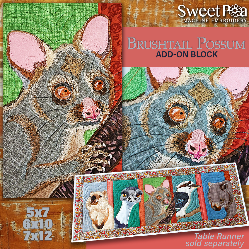 Brushtail Possum Add-on Block 5x7 6x10 7x12 In the hoop machine embroidery designs