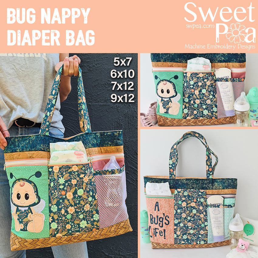 Bug Nappy Diaper bag 5x7 6x10 7x12 and 9x12 - Sweet Pea Australia In the hoop machine embroidery designs. in the hoop project, in the hoop embroidery designs, craft in the hoop project, diy in the hoop project, diy craft in the hoop project, in the hoop embroidery patterns, design in the hoop patterns, embroidery designs for in the hoop embroidery projects, best in the hoop machine embroidery designs perfect for all hoops and embroidery machines