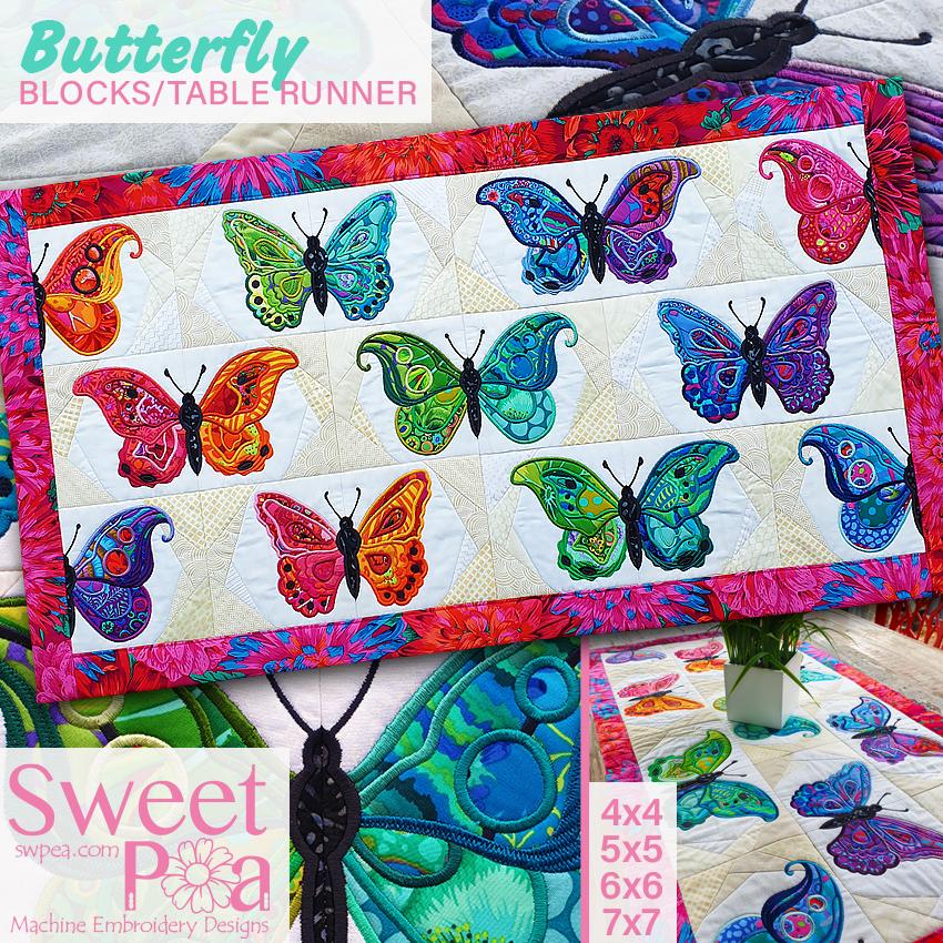 Butterfly Blocks and Table Runner 4x4 5x5 6x6 7x7 - Sweet Pea Australia In the hoop machine embroidery designs. in the hoop project, in the hoop embroidery designs, craft in the hoop project, diy in the hoop project, diy craft in the hoop project, in the hoop embroidery patterns, design in the hoop patterns, embroidery designs for in the hoop embroidery projects, best in the hoop machine embroidery designs perfect for all hoops and embroidery machines