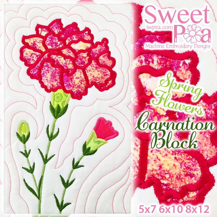 Carnation Flower Block Add-on 5x7 6x10 8x12 - Sweet Pea Australia In the hoop machine embroidery designs. in the hoop project, in the hoop embroidery designs, craft in the hoop project, diy in the hoop project, diy craft in the hoop project, in the hoop embroidery patterns, design in the hoop patterns, embroidery designs for in the hoop embroidery projects, best in the hoop machine embroidery designs perfect for all hoops and embroidery machines