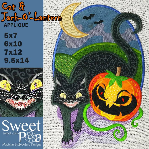 Cat and Jack-O'-Lantern applique design 5x7 6x10 7x12 and 9.5x14 - Sweet Pea