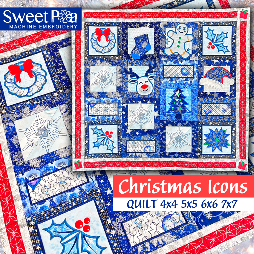 Christmas Icons Quilt 4x4 5x5 6x6 7x7 In the hoop machine embroidery designs