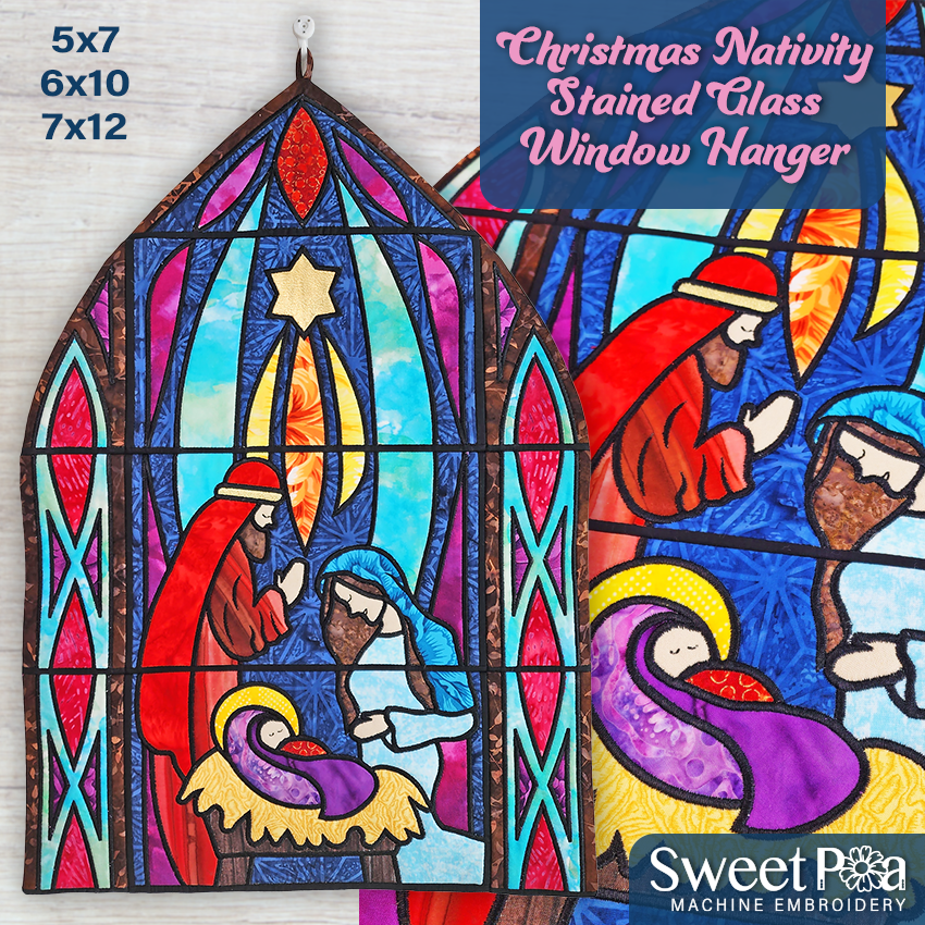 Christmas Nativity Stained Glass Window Hanger 5x7 6x10 7x12 In the hoop machine embroidery designs