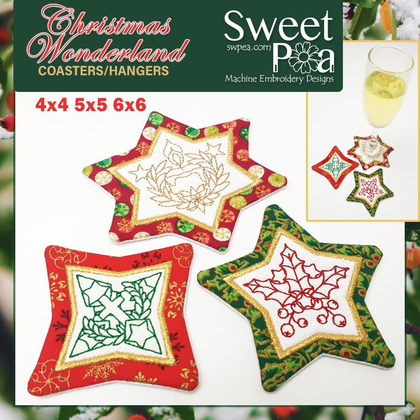 Christmas Wonderland Coasters or Hangers 4x4 5x5 6x6 - Sweet Pea Australia In the hoop machine embroidery designs. in the hoop project, in the hoop embroidery designs, craft in the hoop project, diy in the hoop project, diy craft in the hoop project, in the hoop embroidery patterns, design in the hoop patterns, embroidery designs for in the hoop embroidery projects, best in the hoop machine embroidery designs perfect for all hoops and embroidery machines