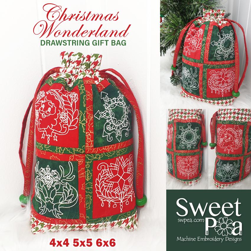 Christmas Wonderland Drawstring Giftbag 4x4 5x5 6x6 - Sweet Pea Australia In the hoop machine embroidery designs. in the hoop project, in the hoop embroidery designs, craft in the hoop project, diy in the hoop project, diy craft in the hoop project, in the hoop embroidery patterns, design in the hoop patterns, embroidery designs for in the hoop embroidery projects, best in the hoop machine embroidery designs perfect for all hoops and embroidery machines