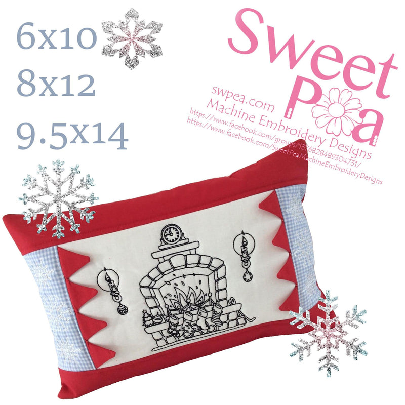 Christmas fireplace redwork cushion 6x10 7x12 9.5x14 - Sweet Pea