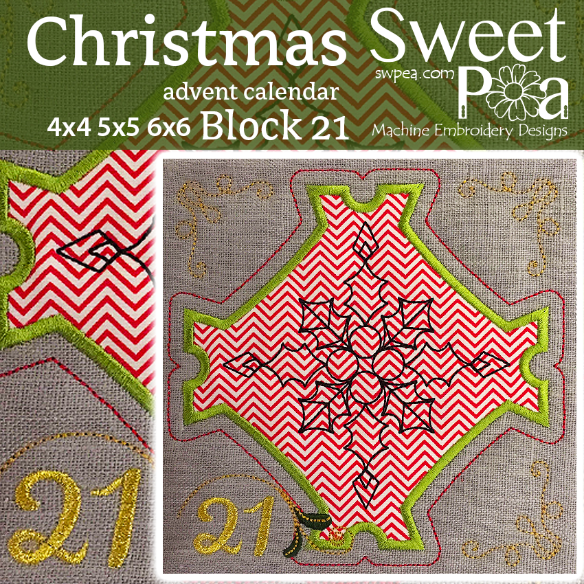 Christmas Advent Calendar Block 21 4x4 5x5 6x6 - Sweet Pea Australia In the hoop machine embroidery designs. in the hoop project, in the hoop embroidery designs, craft in the hoop project, diy in the hoop project, diy craft in the hoop project, in the hoop embroidery patterns, design in the hoop patterns, embroidery designs for in the hoop embroidery projects, best in the hoop machine embroidery designs perfect for all hoops and embroidery machines