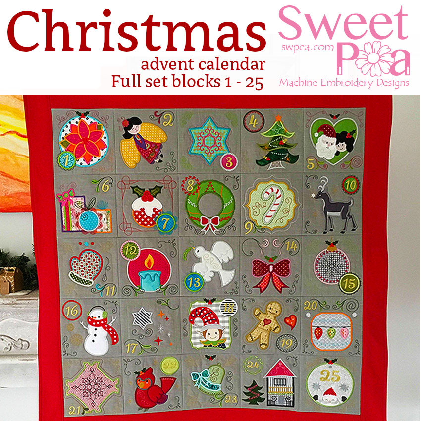 Bulk Christmas Advent Calendar Blocks 1 to 25 - Sweet Pea Australia In the hoop machine embroidery designs. in the hoop project, in the hoop embroidery designs, craft in the hoop project, diy in the hoop project, diy craft in the hoop project, in the hoop embroidery patterns, design in the hoop patterns, embroidery designs for in the hoop embroidery projects, best in the hoop machine embroidery designs perfect for all hoops and embroidery machines