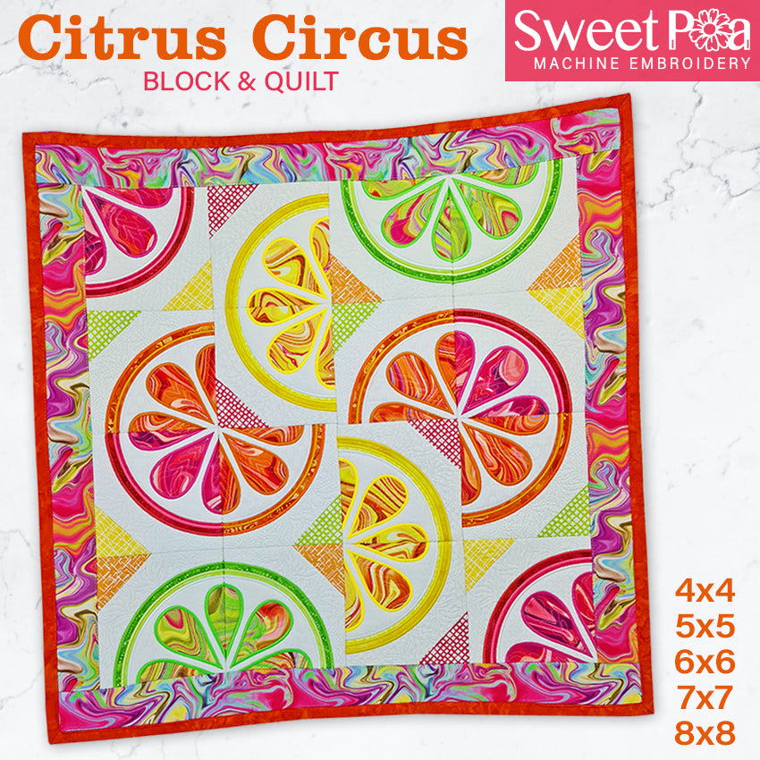 Citrus Circus Block and Quilt 4x4 5x5 6x6 7x7 8x8 - Sweet Pea Australia In the hoop machine embroidery designs. in the hoop project, in the hoop embroidery designs, craft in the hoop project, diy in the hoop project, diy craft in the hoop project, in the hoop embroidery patterns, design in the hoop patterns, embroidery designs for in the hoop embroidery projects, best in the hoop machine embroidery designs perfect for all hoops and embroidery machines