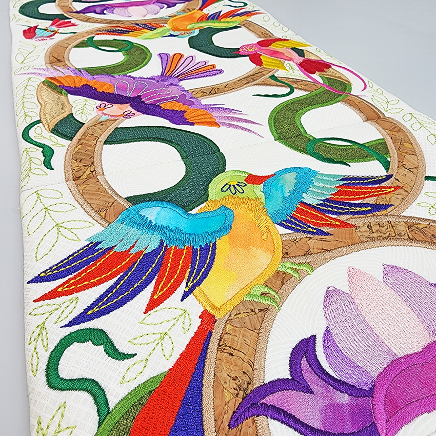 Feather Jungle Table Runner 5x7 6x10 7x12 - Sweet Pea Australia In the hoop machine embroidery designs. in the hoop project, in the hoop embroidery designs, craft in the hoop project, diy in the hoop project, diy craft in the hoop project, in the hoop embroidery patterns, design in the hoop patterns, embroidery designs for in the hoop embroidery projects, best in the hoop machine embroidery designs perfect for all hoops and embroidery machines