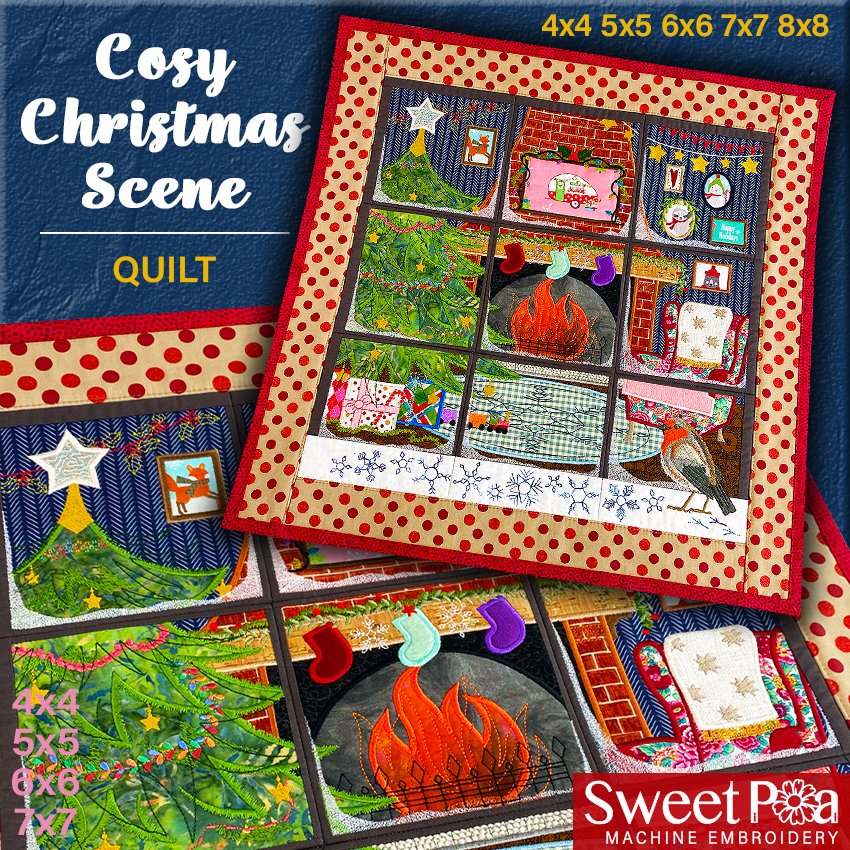 Cosy Christmas Scene 4x4 5x5 6x6 7x7 8x8 In the hoop machine embroidery designs