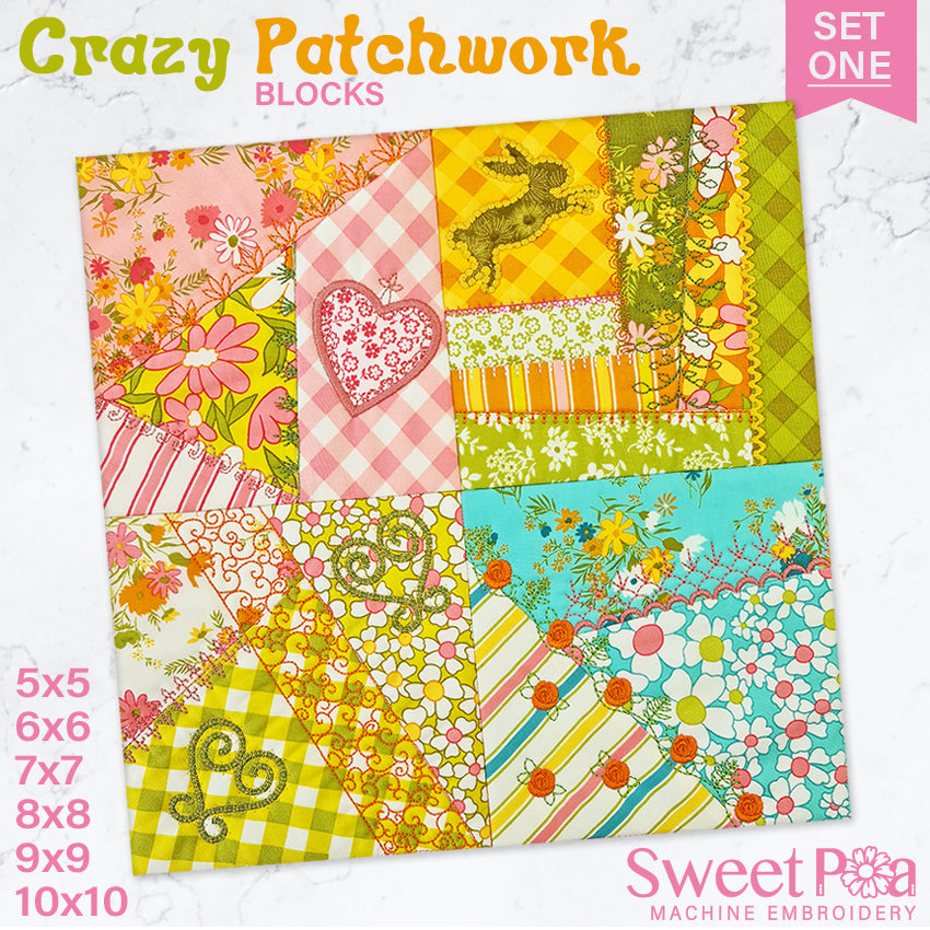 Crazy patchwork quilt blocks set 1 5x5 6x6 7x7 8x8 9x9 10x10 - Sweet Pea Australia In the hoop machine embroidery designs. in the hoop project, in the hoop embroidery designs, craft in the hoop project, diy in the hoop project, diy craft in the hoop project, in the hoop embroidery patterns, design in the hoop patterns, embroidery designs for in the hoop embroidery projects, best in the hoop machine embroidery designs perfect for all hoops and embroidery machines