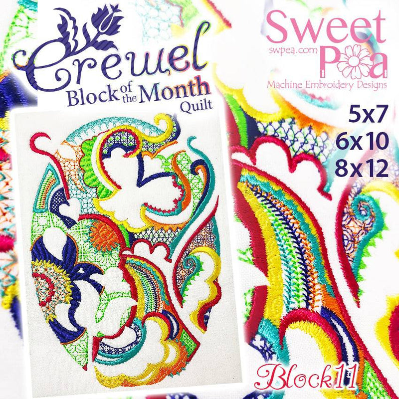 BOM Block of the month Crewel quilt block 11 - Sweet Pea